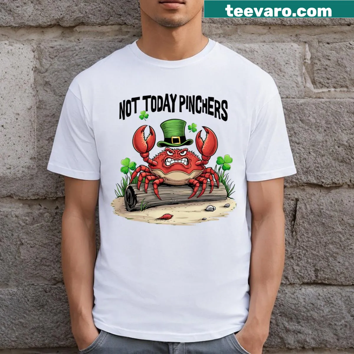 Funny St. Patrick's Day t-shirt with crab and humorous text — on a men's t-shirt