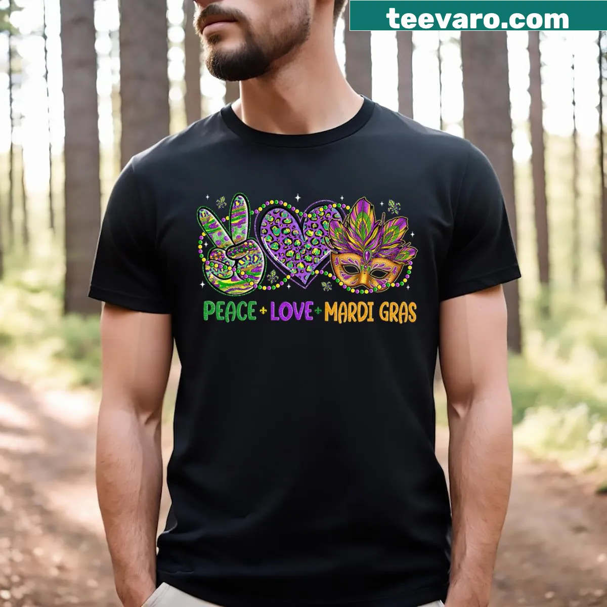 Mardi Gras themed T-shirt with masks and beads design — on a men's t-shirt