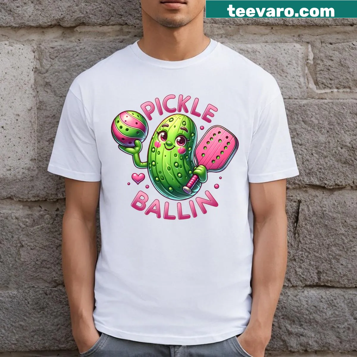 Cute pickleball-themed T-shirt for girls with playful graphics — on a men's t-shirt