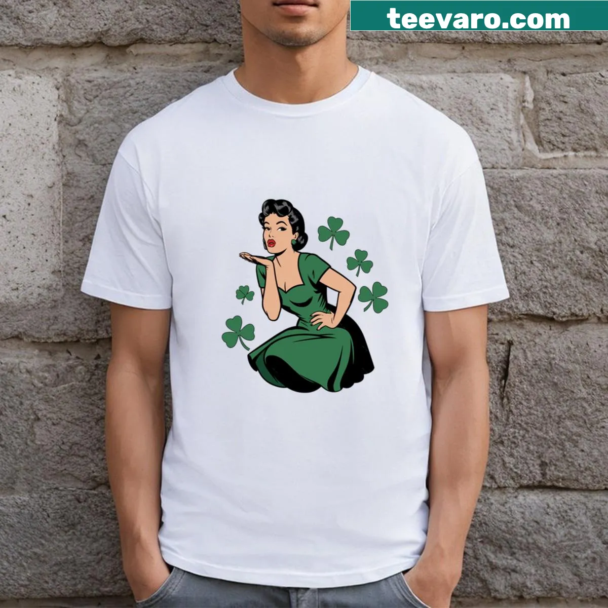 Vintage-style pin-up housewife illustration for St. Patrick's Day — on a men's t-shirt
