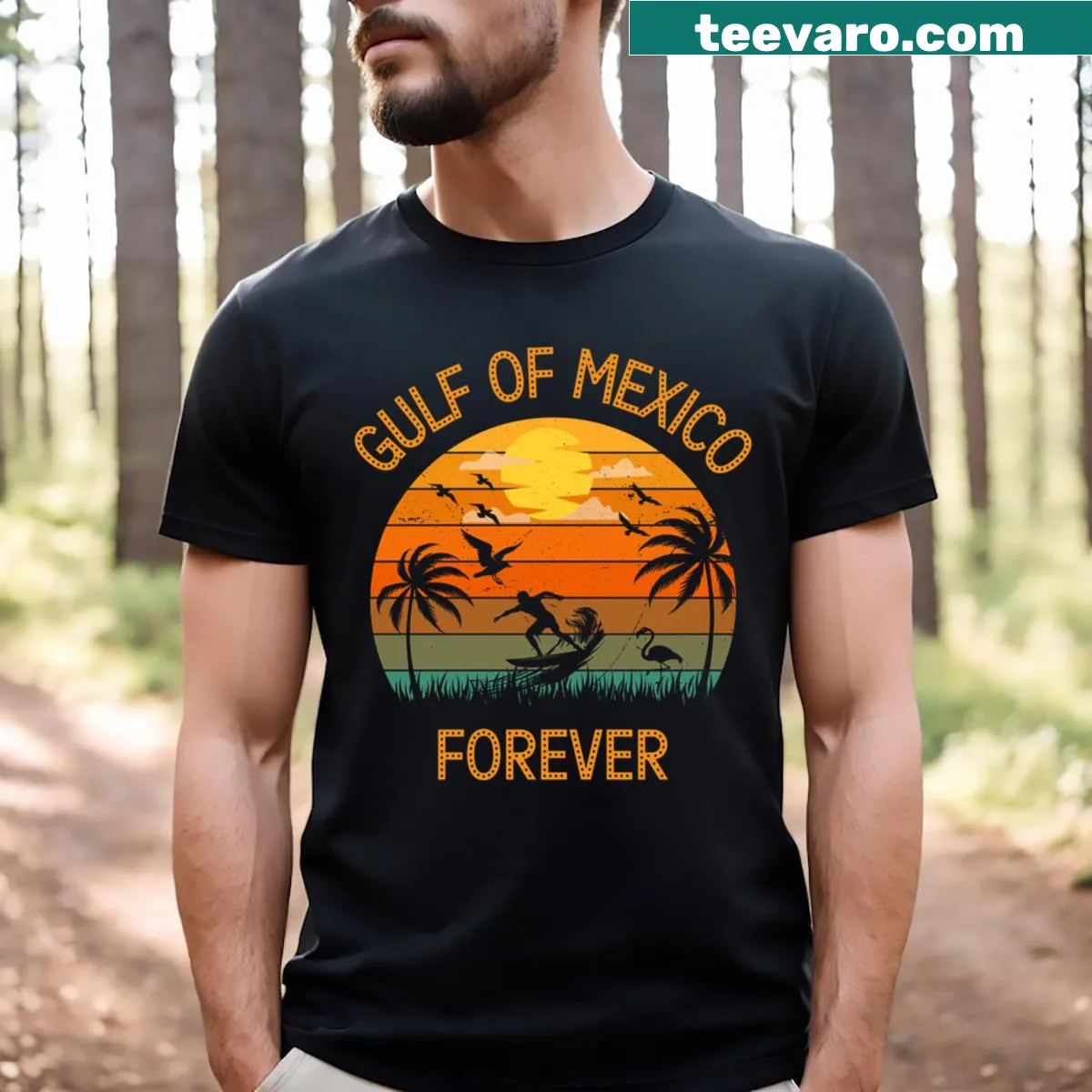 Vintage sunset design T-shirt featuring Gulf of Mexico theme — on a men's t-shirt