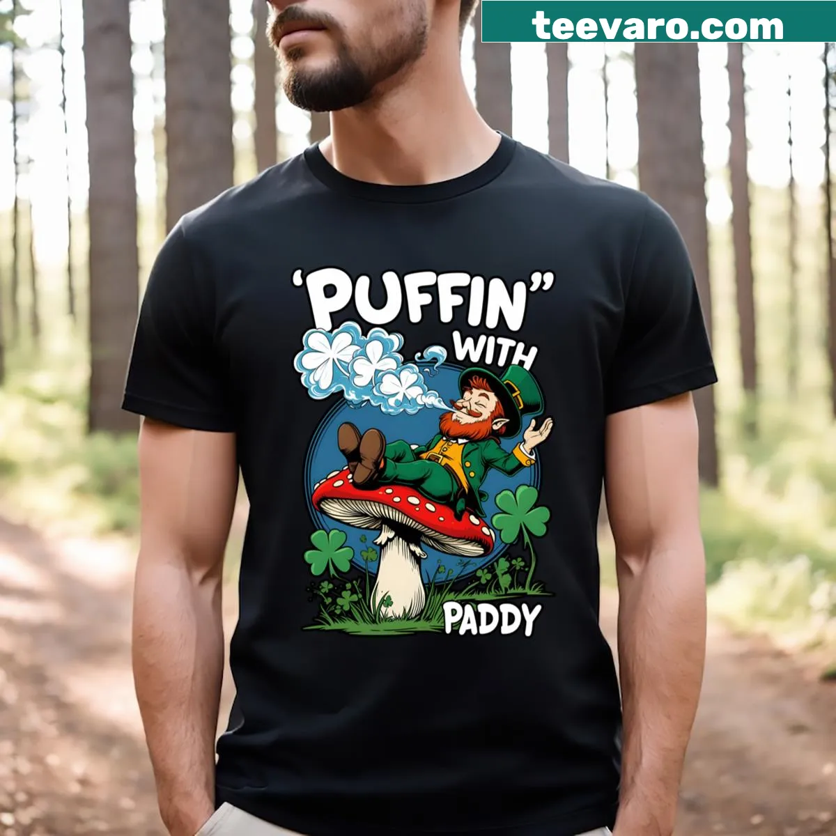 Whimsical leprechaun on mushroom with shamrock clouds graphic t-shirt — on a men's t-shirt