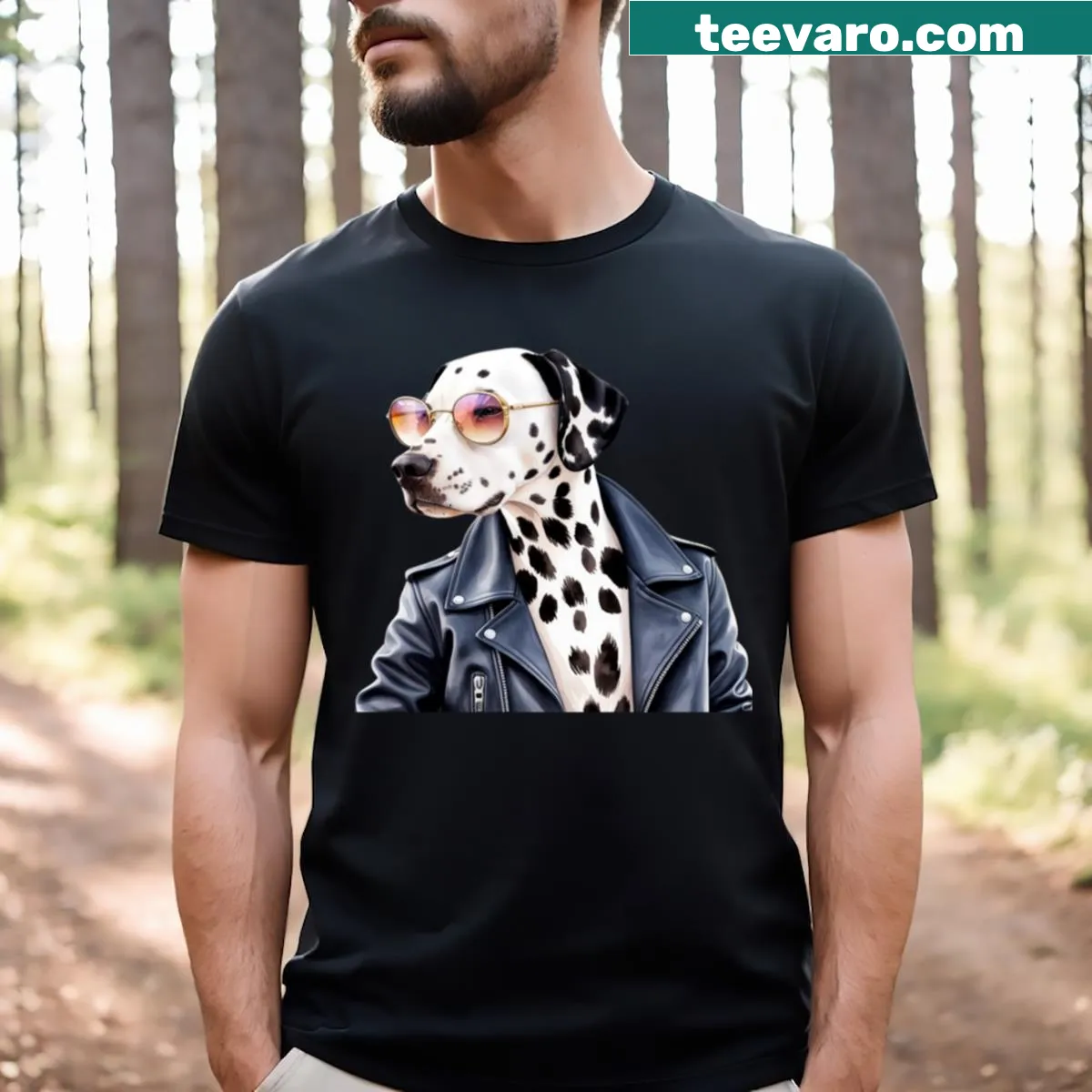 Cartoon Dalmatian in leather jacket t-shirt. — on a men's t-shirt