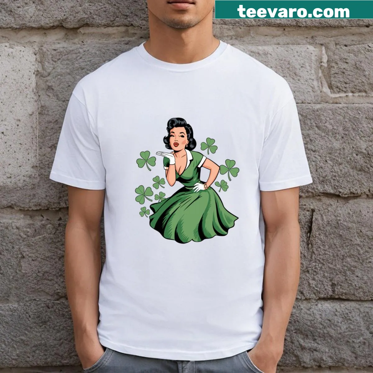 Nostalgic design T-shirt for Saint Patrick's Day featuring retro housewife graphics. — on a men's t-shirt