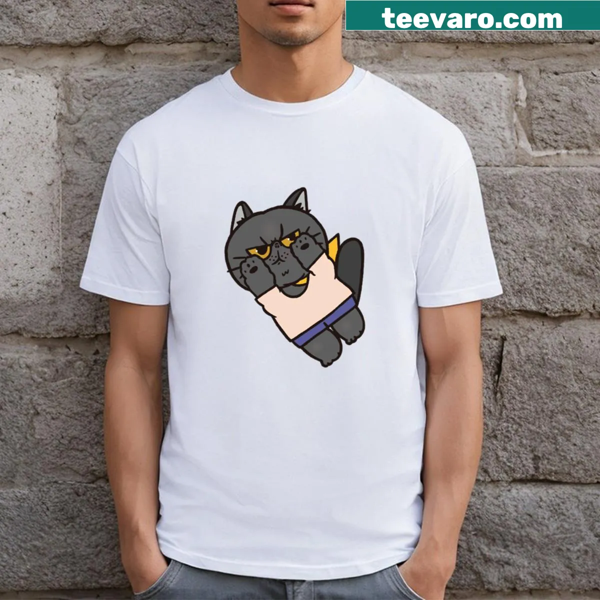 Illustrated T-shirt featuring a Russian Blue cat design — on a men's t-shirt