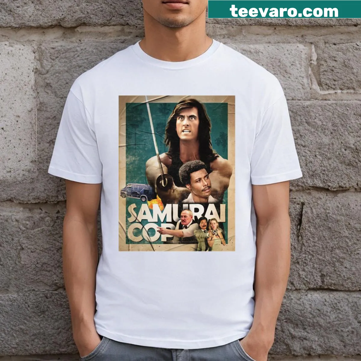 Retro Samurai Cop 1991 t-shirt with classic imagery — on a men's t-shirt