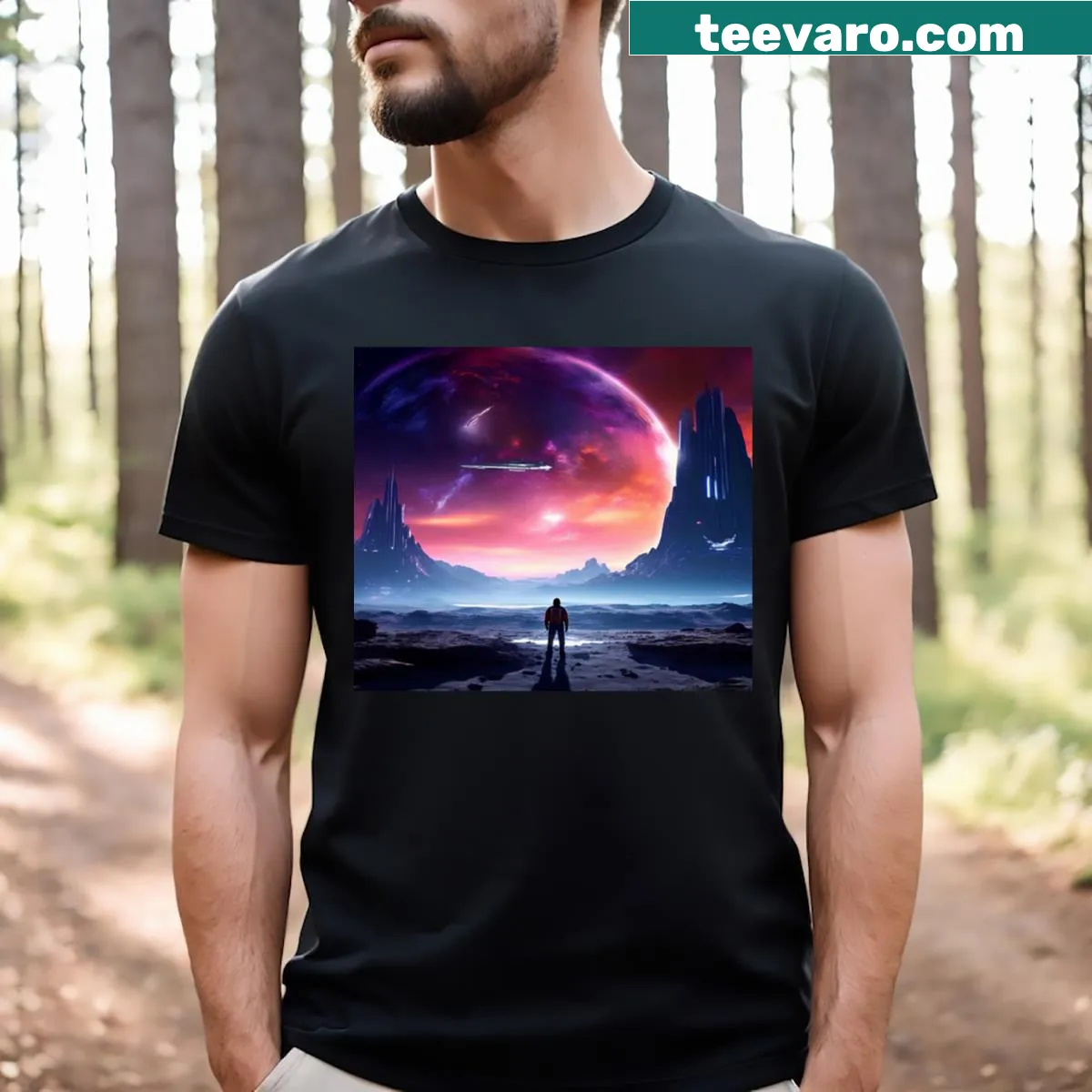 Graphic t-shirt celebrating science fiction and futurism themes — on a men's t-shirt