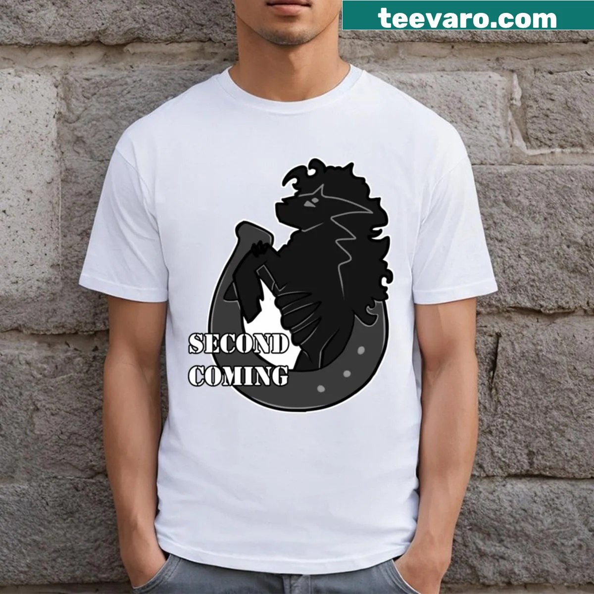 T-shirt featuring the Second Coming music logo design. — on a men's t-shirt