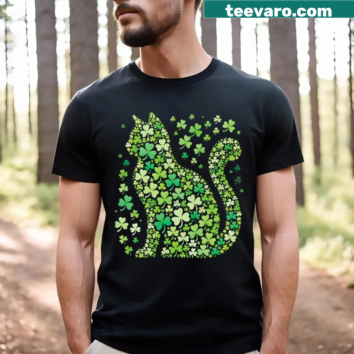 Shamrock Cat graphic T-shirt for St. Patrick's Day with cute cat design — on a men's t-shirt