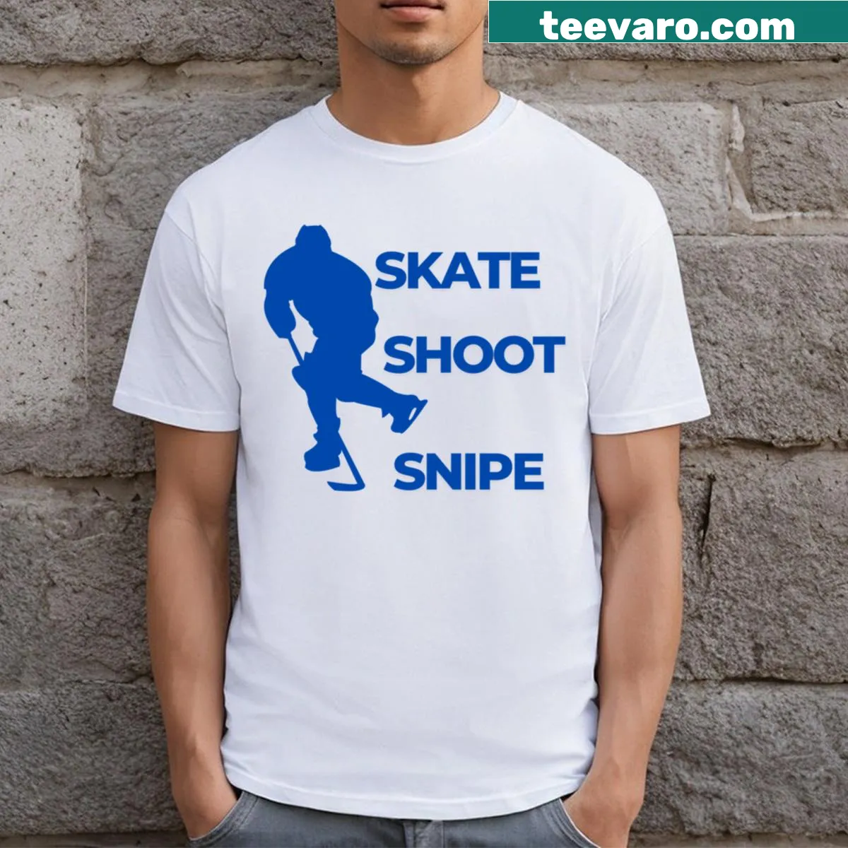 Skate Shoot Snipe T-shirt with playful sports graphic — on a men's t-shirt