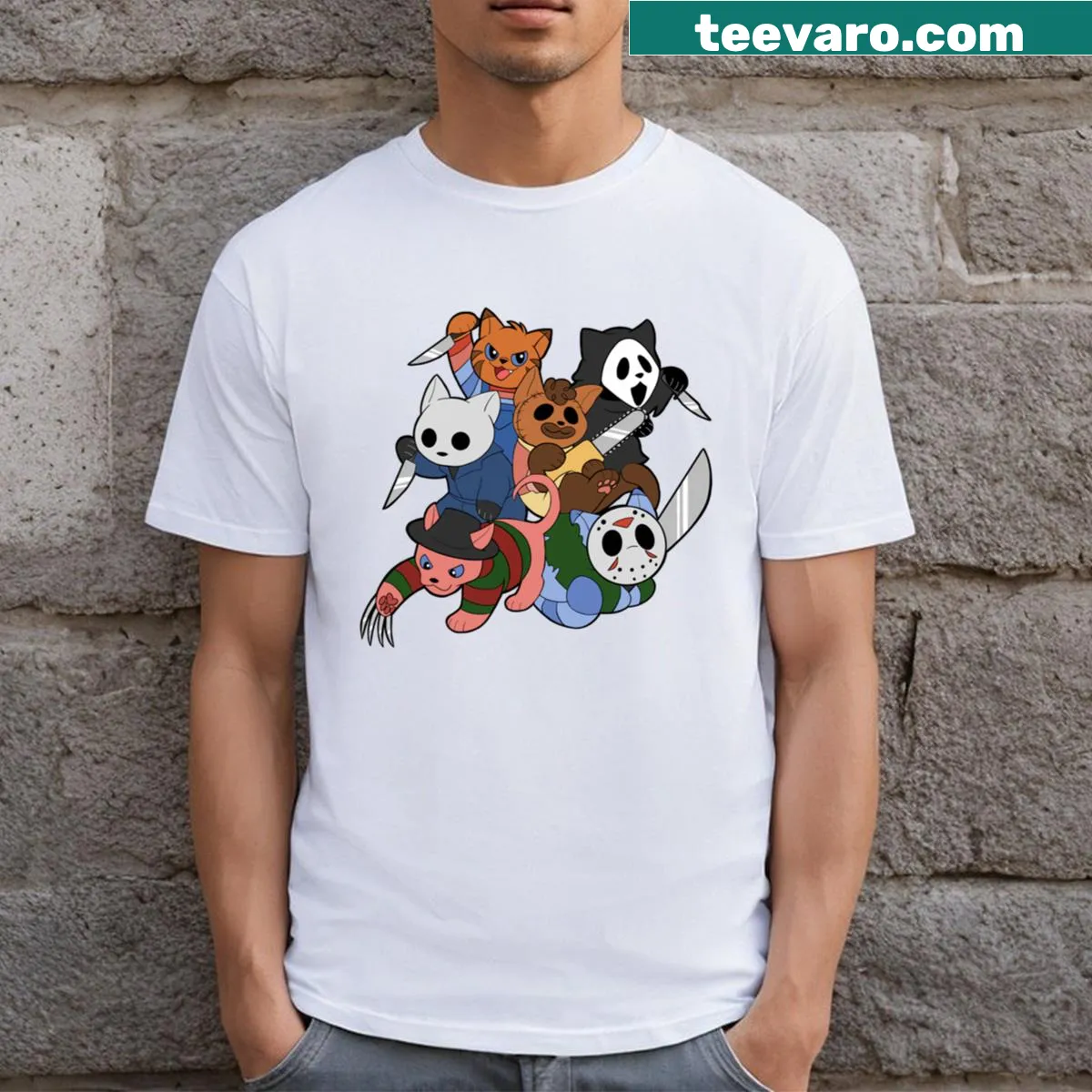 Cartoon design of six playful slasher kitties on a T-shirt. — on a men's t-shirt