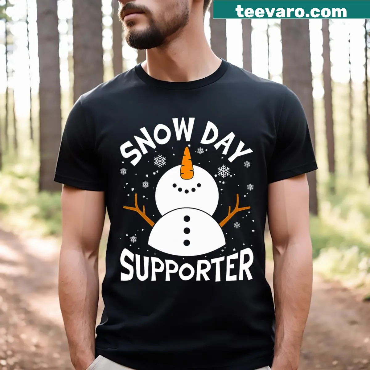 Funny teacher T-shirt with snowflake and 'Snow Day Supporter' text — on a men's t-shirt