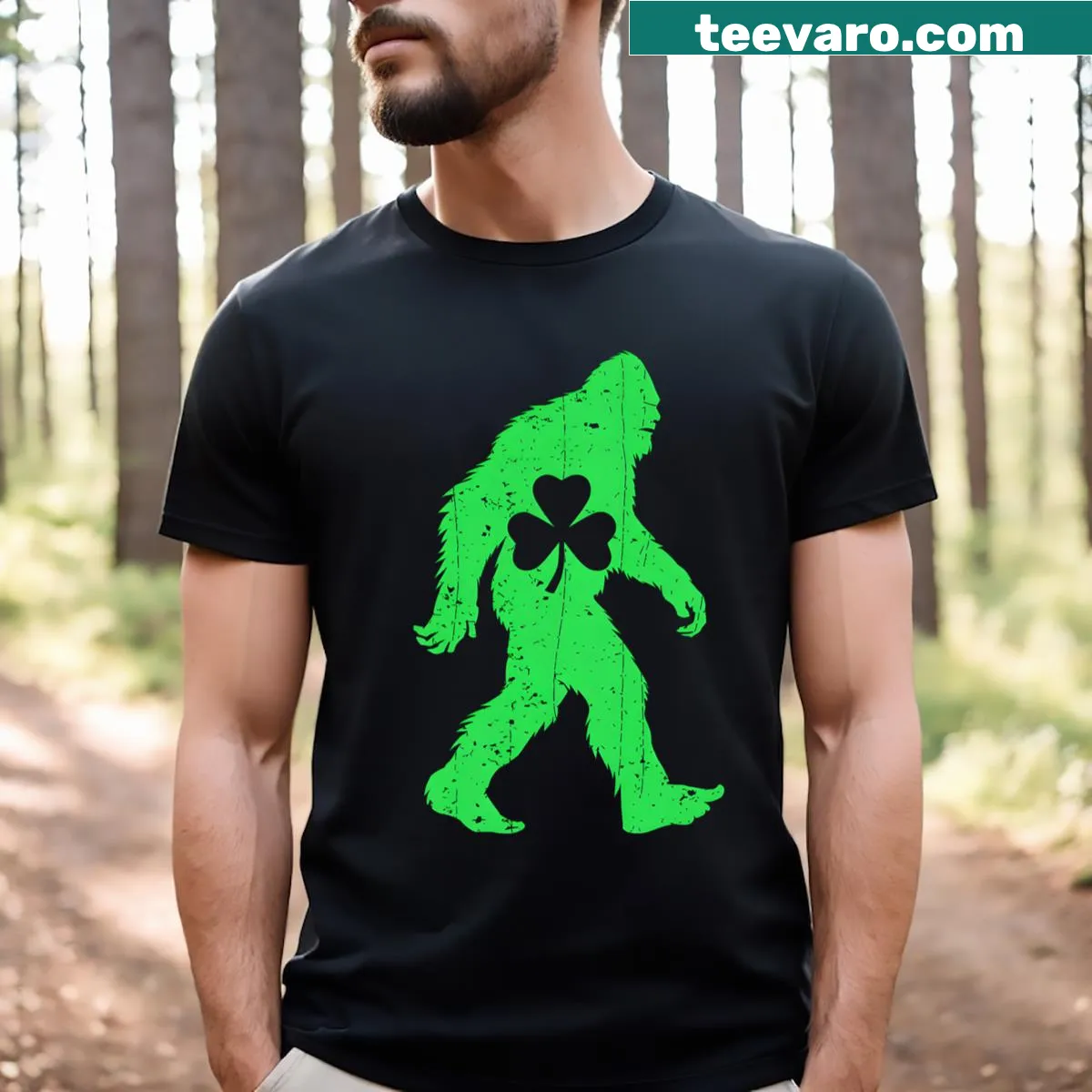 Fun Bigfoot t-shirt with shamrock for children on St. Patrick's Day — on a men's t-shirt