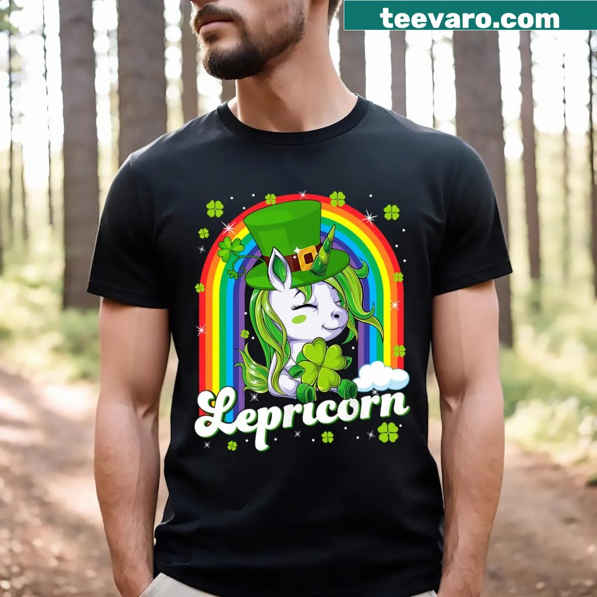 Cute unicorn t-shirt with shamrock for girls on St. Patrick's Day — on a men's t-shirt
