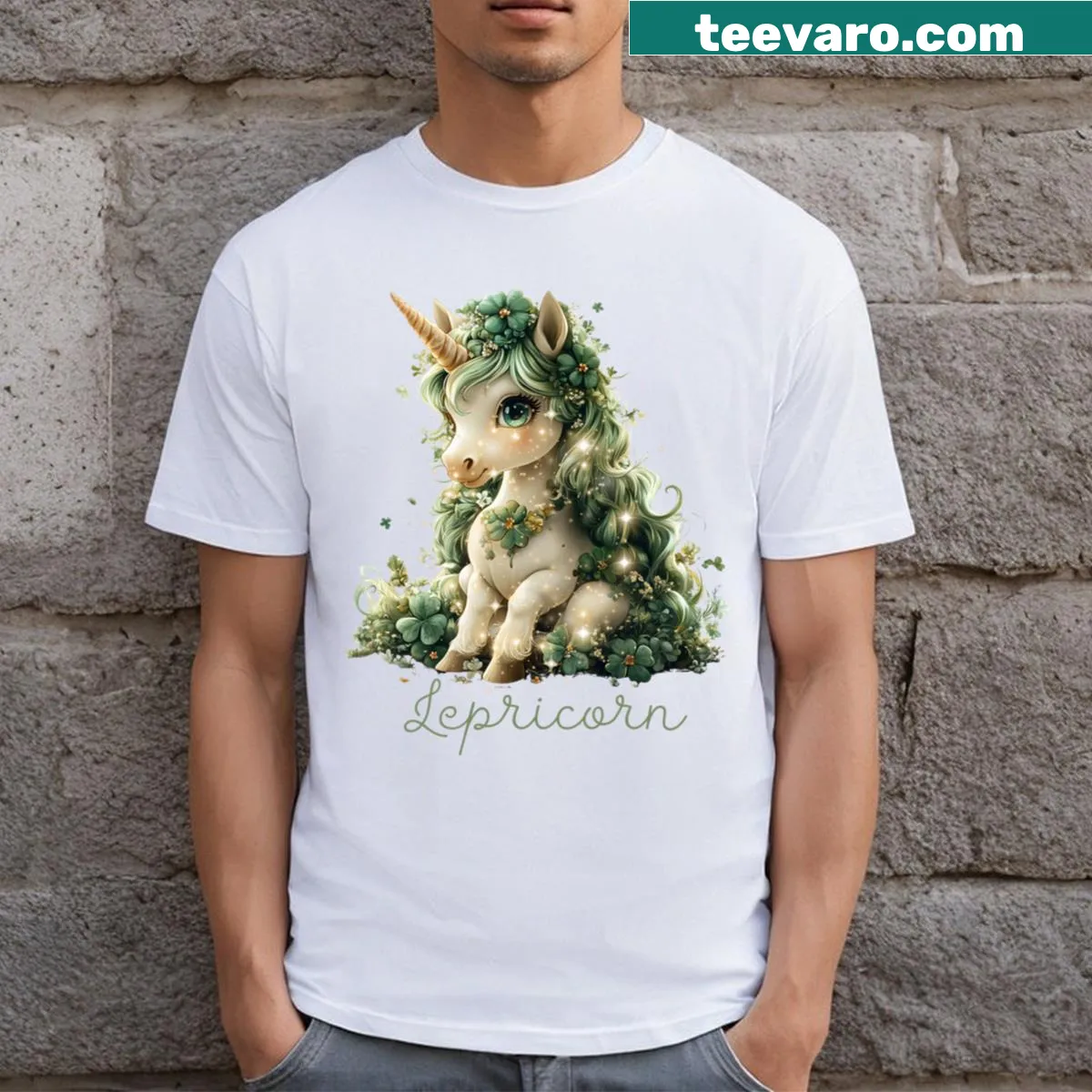Cute unicorn and leprechauns graphic on St. Patrick's Day t-shirt — on a men's t-shirt