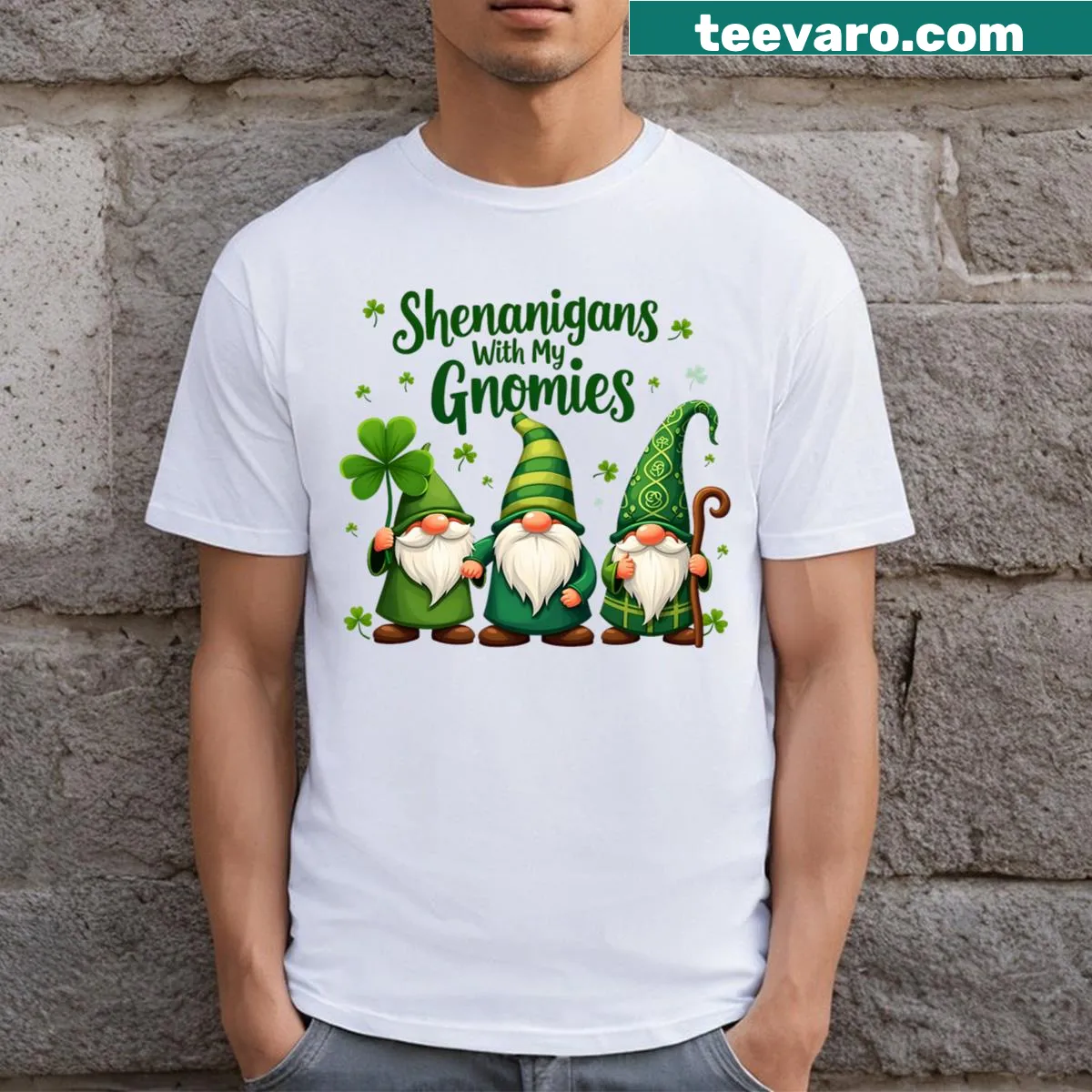 Lucky shamrock and gnome graphic on St. Patrick's Day t-shirt — on a men's t-shirt