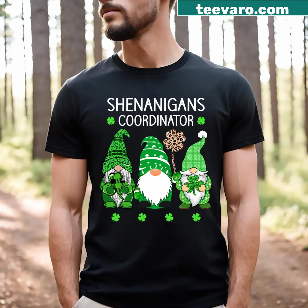 St. Patrick's Day t-shirt with gnomes and shamrock design — on a men's t-shirt