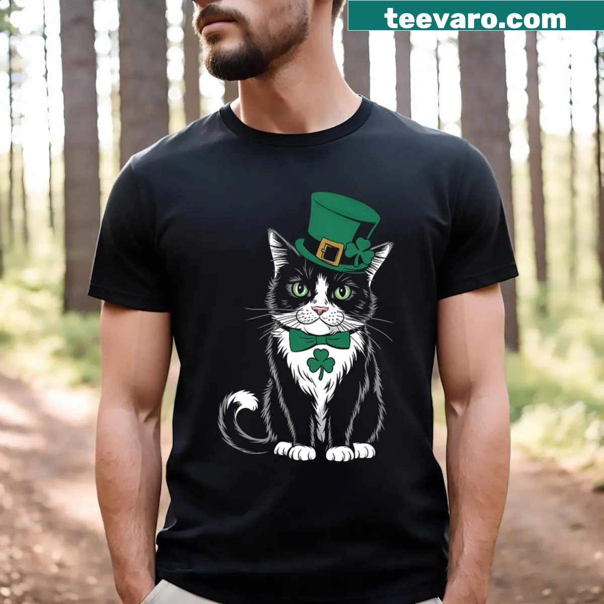 Cute cat t-shirt with shamrock for St. Patrick's Day — on a men's t-shirt