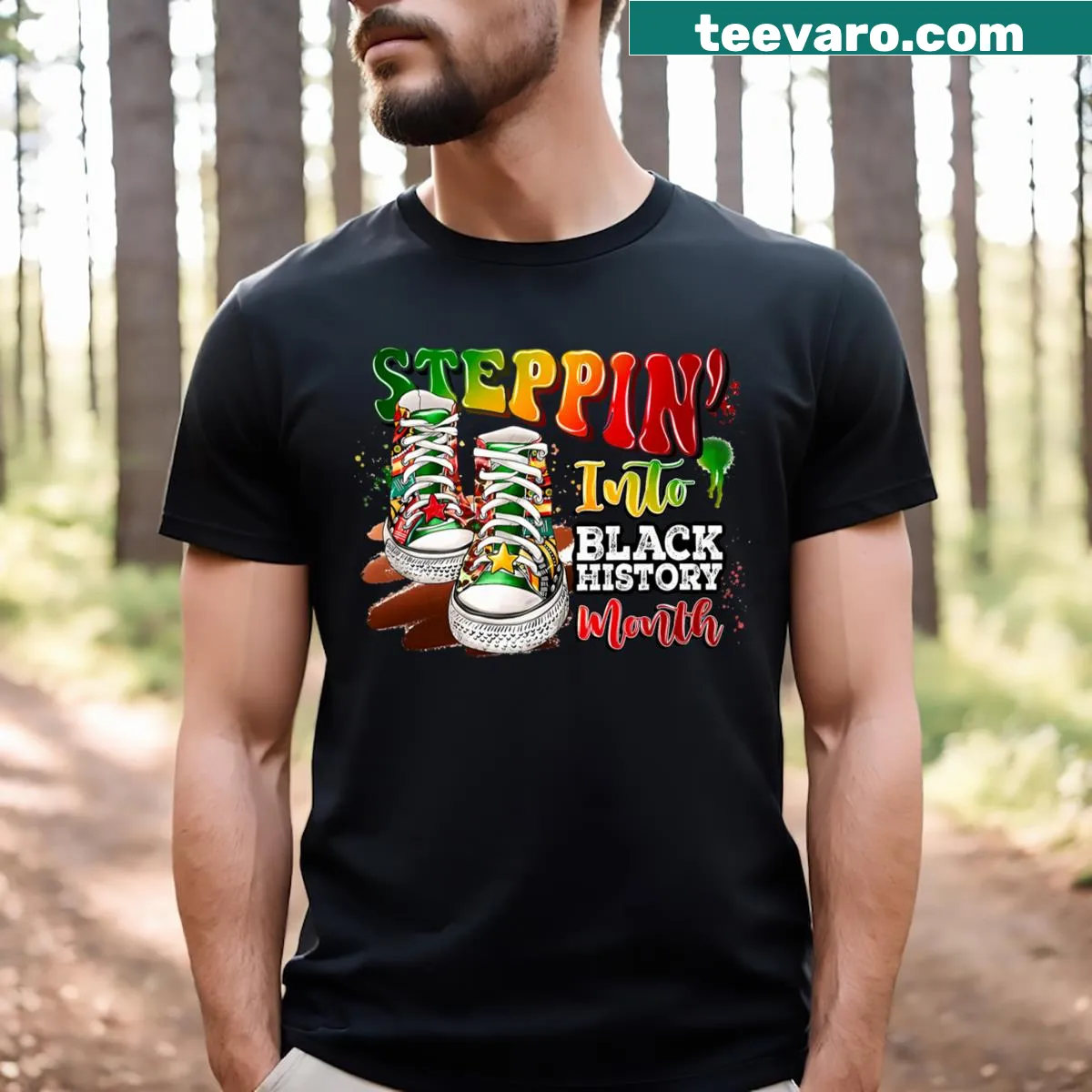Black sneakers graphic symbolizing Black History Month on t-shirt — on a men's t-shirt