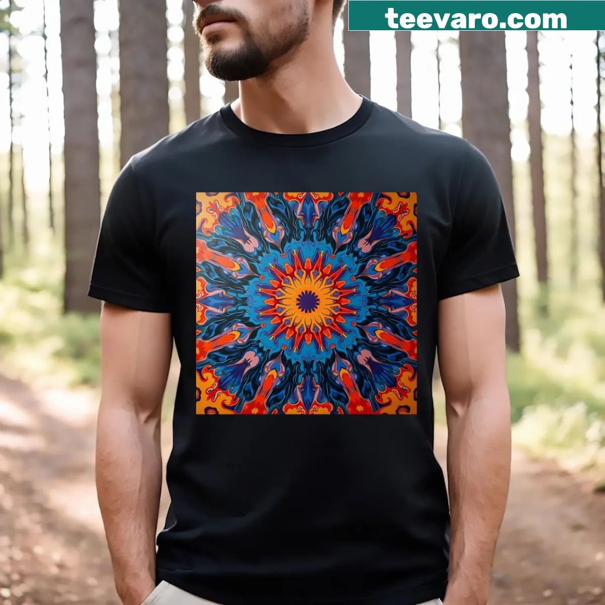 Psychedelic T-shirt featuring an abstract kaleidoscope design. — on a men's t-shirt