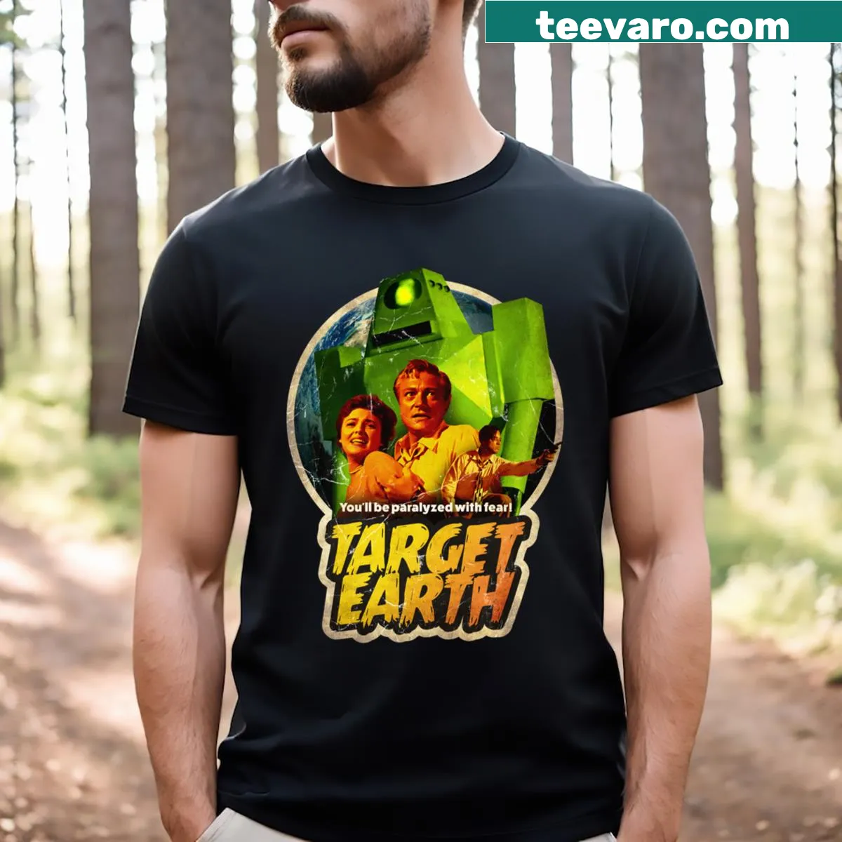 Vintage-inspired T-shirt featuring a 'Target Earth' graphic. — on a men's t-shirt