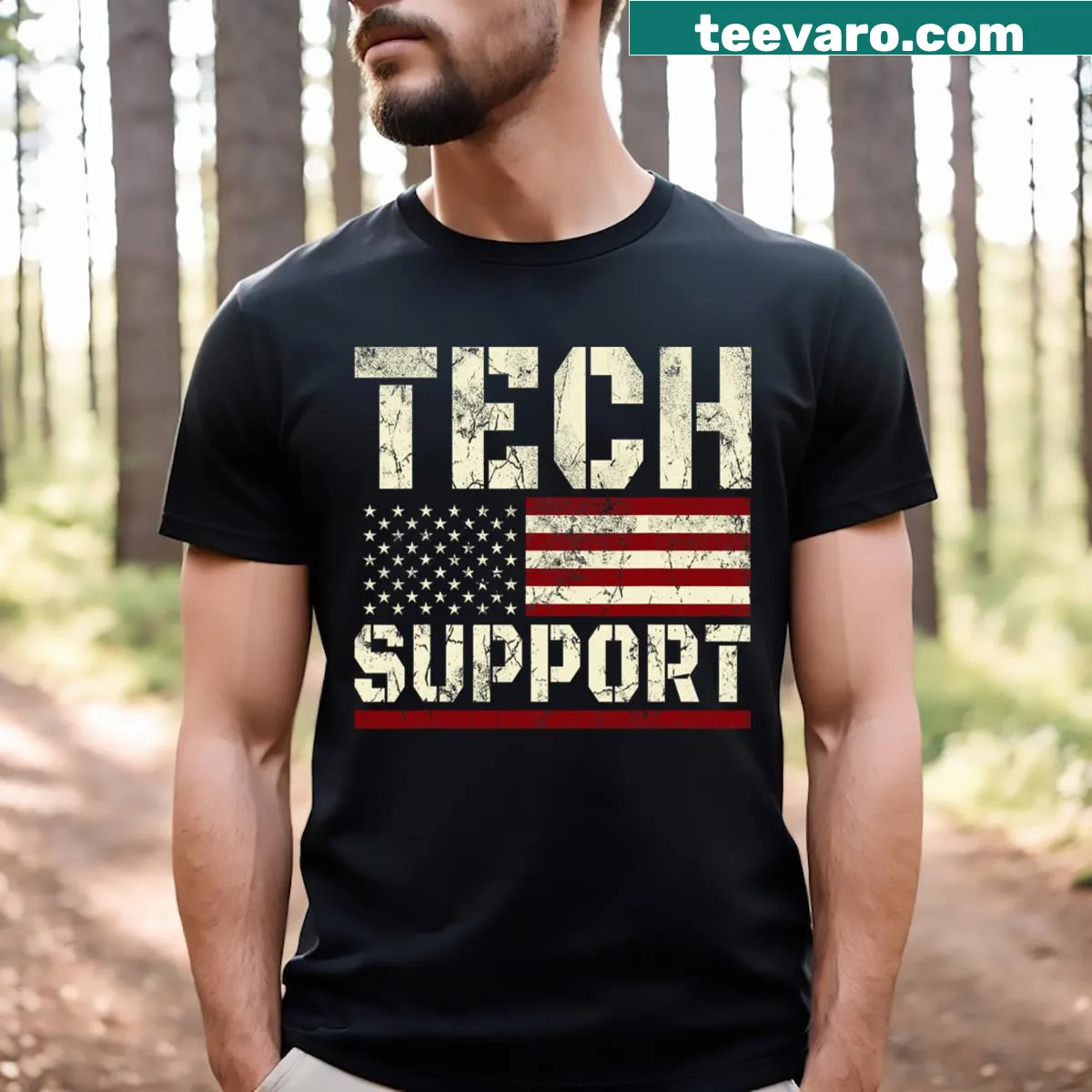American flag design on a tech support t-shirt — on a men's t-shirt
