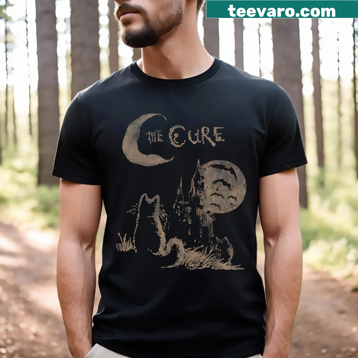 Funny cat t-shirt with moon design and meme reference — on a men's t-shirt