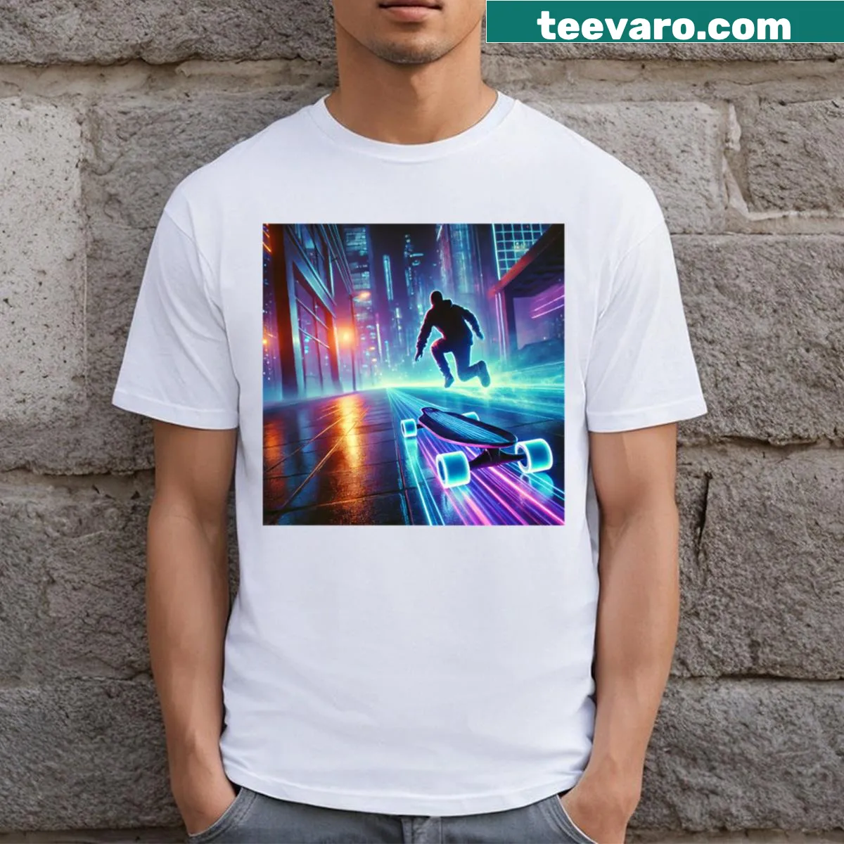 Bold typography graphic emphasizing the theme of escape on a shirt — on a men's t-shirt