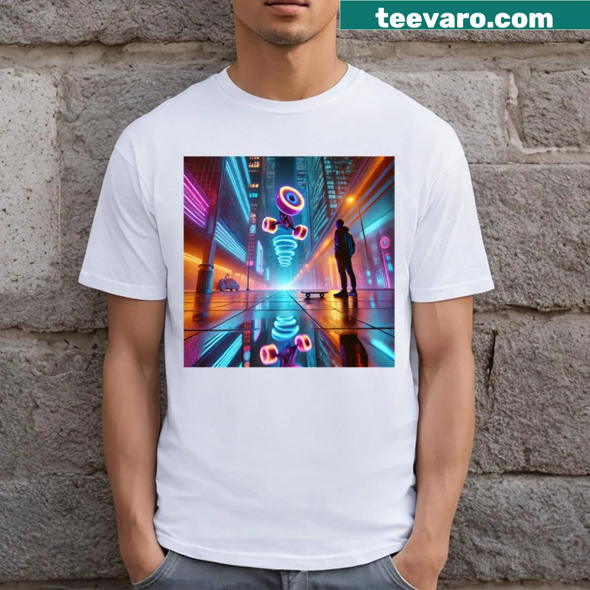 Whimsical floating trick design T-shirt — on a men's t-shirt