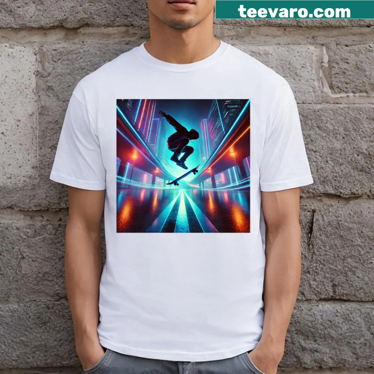 Illustration of a skateboarder attempting an impossible kickflip. — on a men's t-shirt
