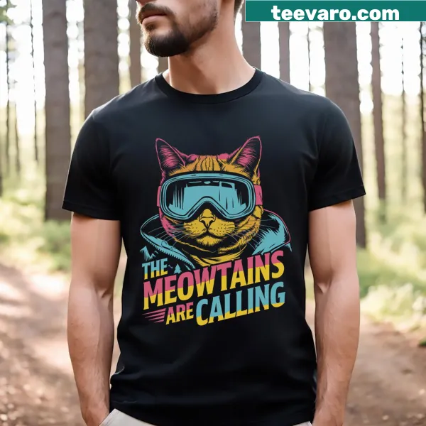 Fun illustration of cats snowboarding in the mountains on a T-shirt