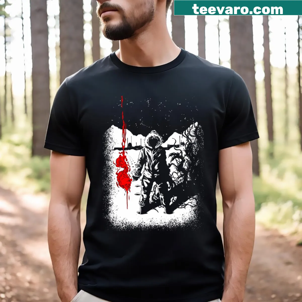 Retro T-shirt inspired by classic horror film with graphic design — on a men's t-shirt