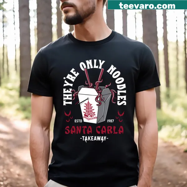 Retro vampire-themed shirt featuring humorous noodle graphics