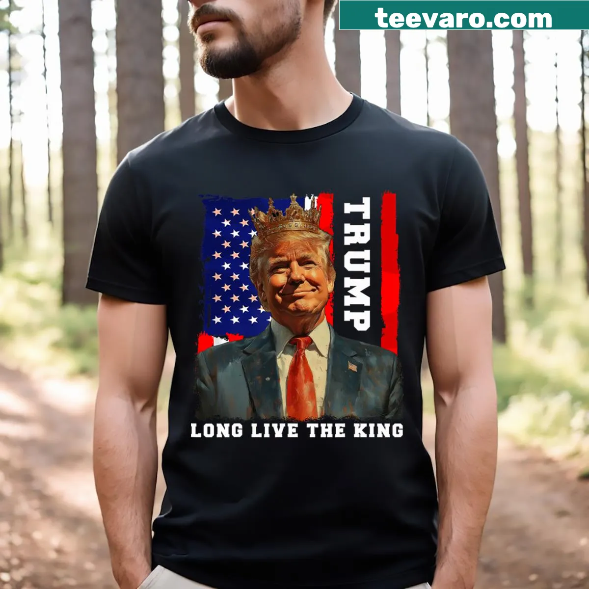 Typographic Trump King t-shirt with the phrase Long Live The King — on a men's t-shirt
