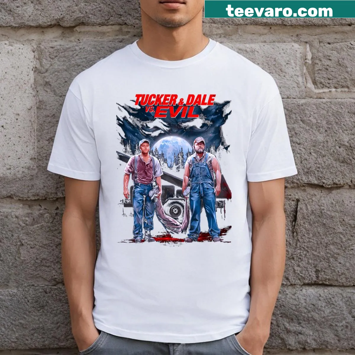 T-shirt featuring art inspired by Tucker and Dale Vs Evil — on a men's t-shirt