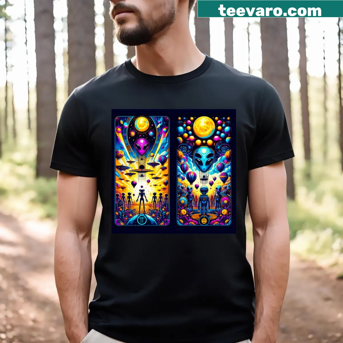 T-shirt featuring a graphic related to ufology and extraterrestrial themes — on a men's t-shirt