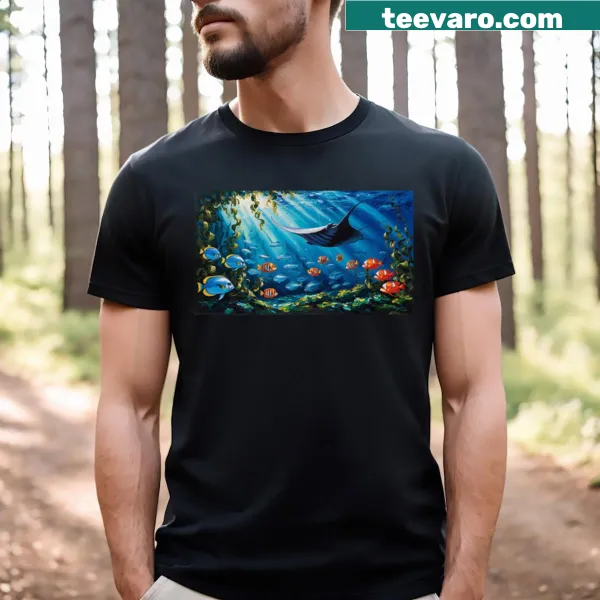 Illustrative T-shirt featuring a manta ray and underwater life