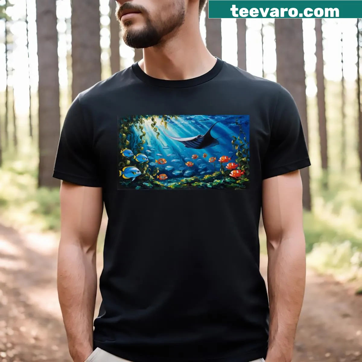 Illustrative T-shirt featuring a manta ray and underwater life — on a men's t-shirt