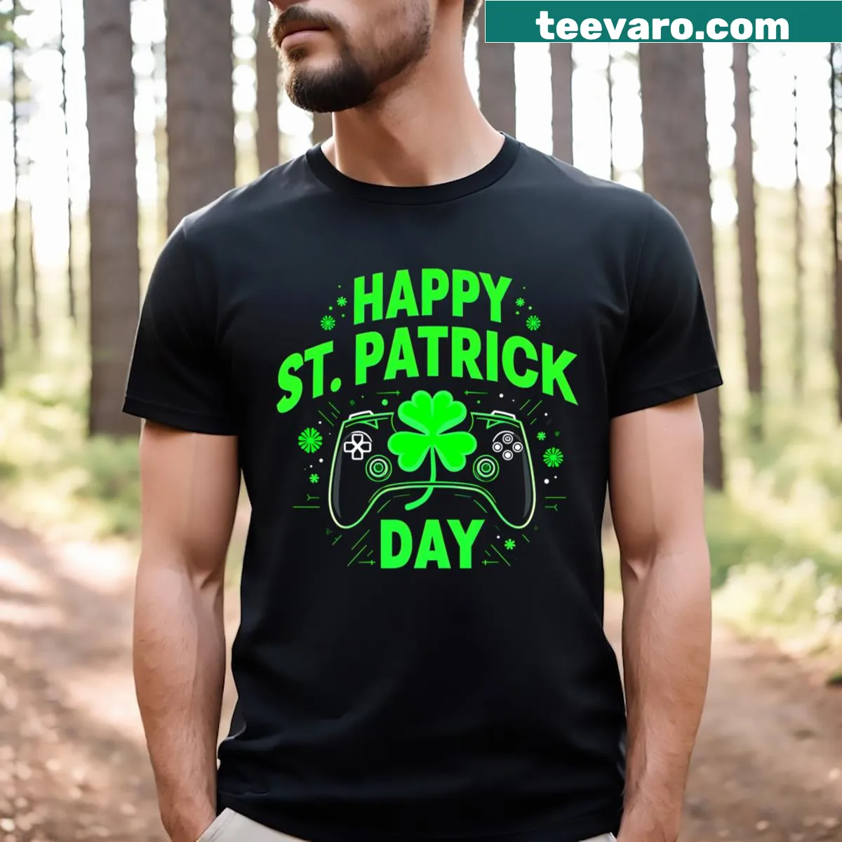 Funny St. Patrick's Day T-shirt for gamers with shamrock and gaming elements — on a men's t-shirt