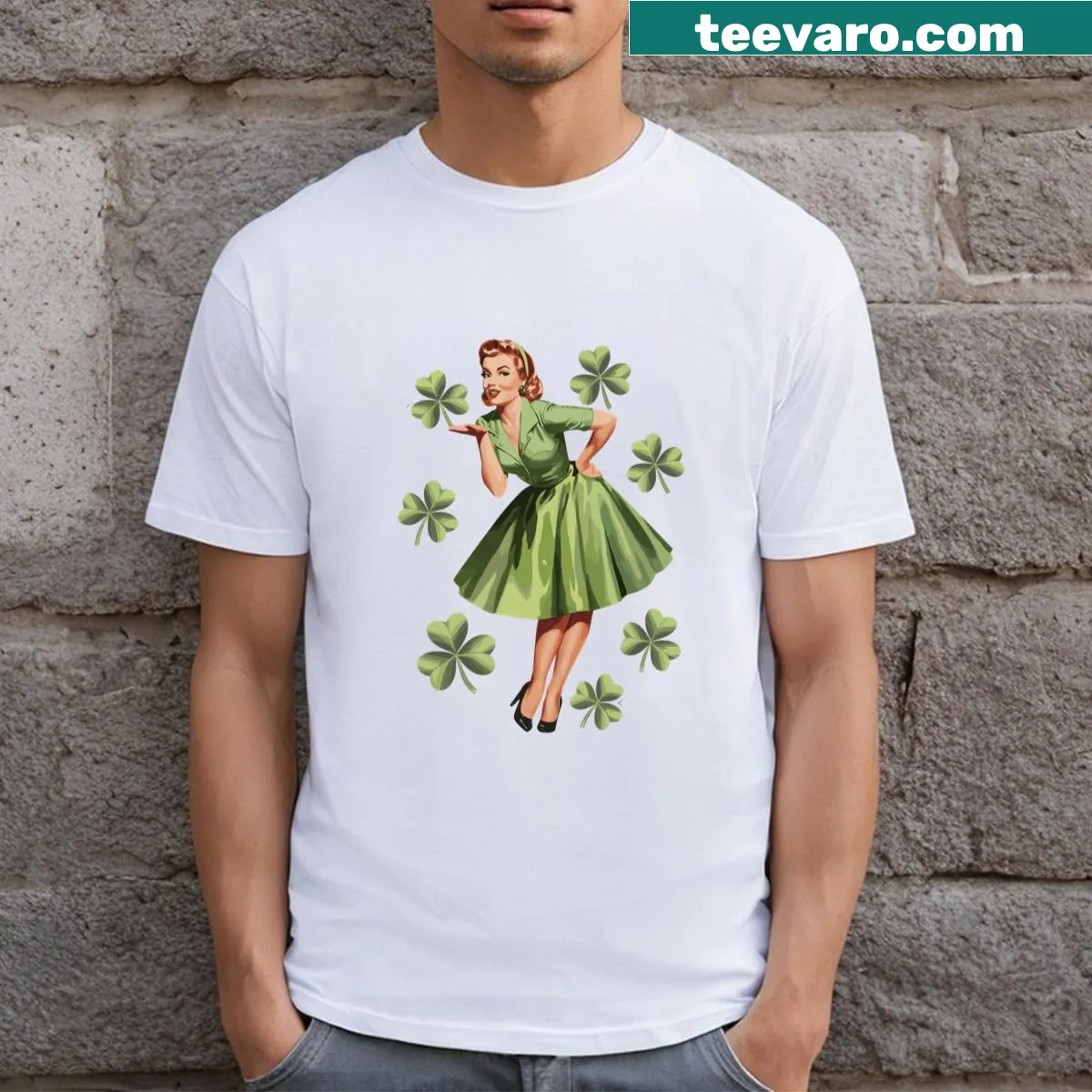 Illustrated vintage housewife design for St. Patrick's Day T-shirt — on a men's t-shirt