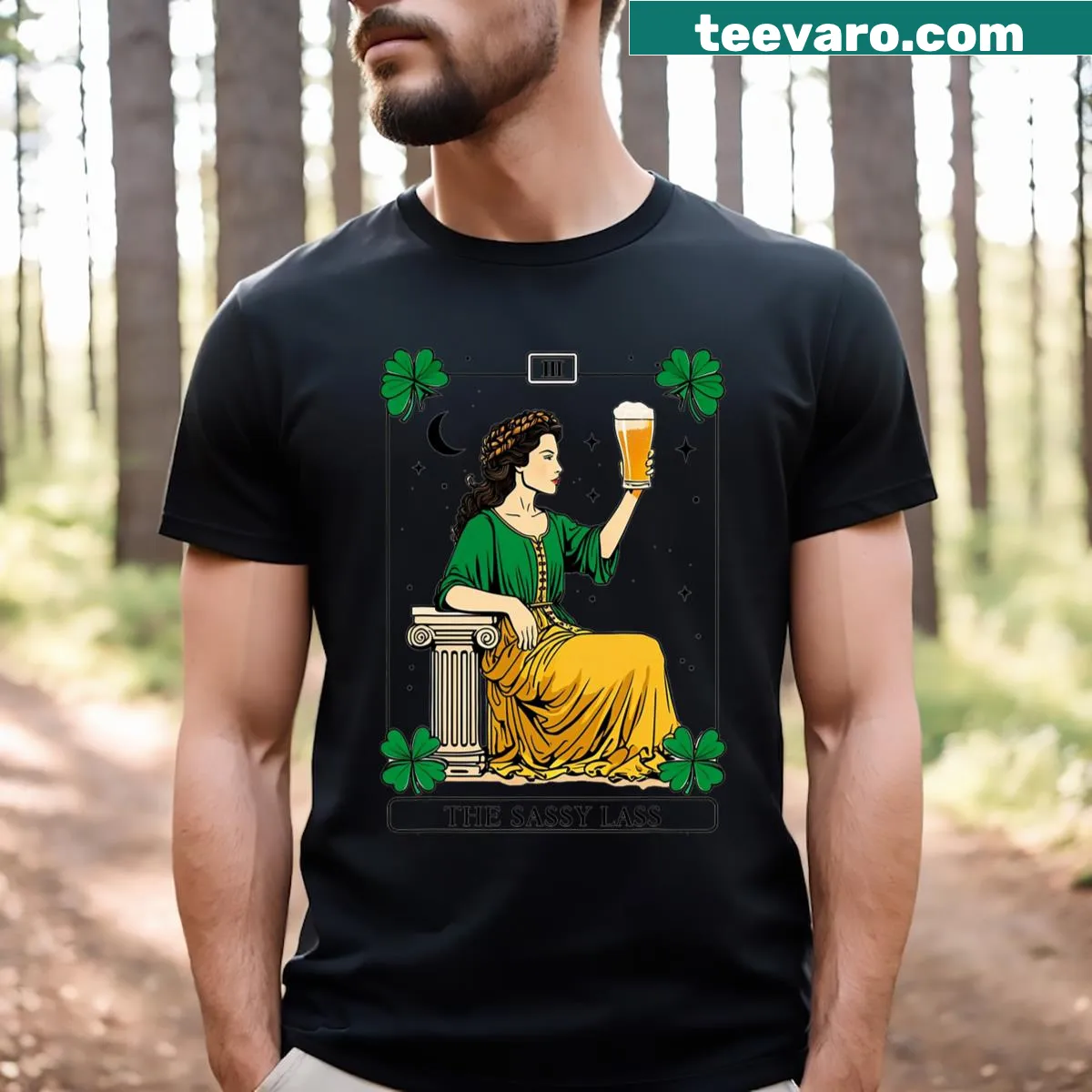 Vintage distressed Sassy Lass tarot card design T-shirt — on a men's t-shirt