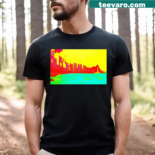 Illustrated T-shirt depicting Waikiki view from Kaka'ako Waterfront Park