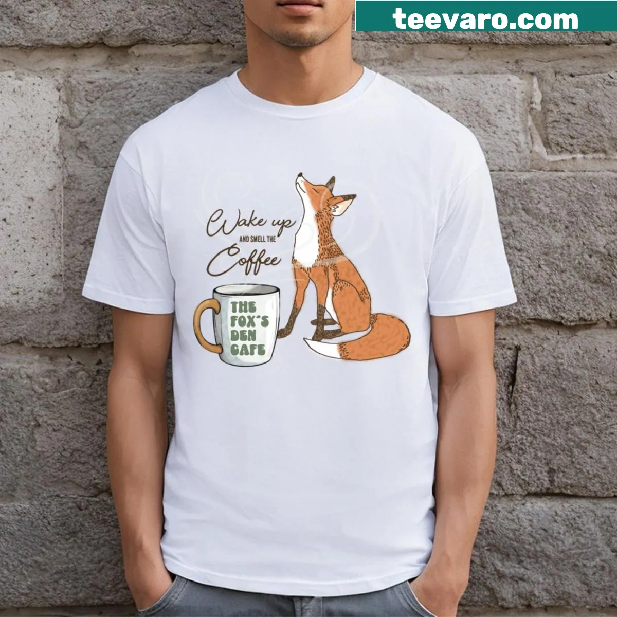 Playful T-shirt with a fox and coffee slogan — on a men's t-shirt
