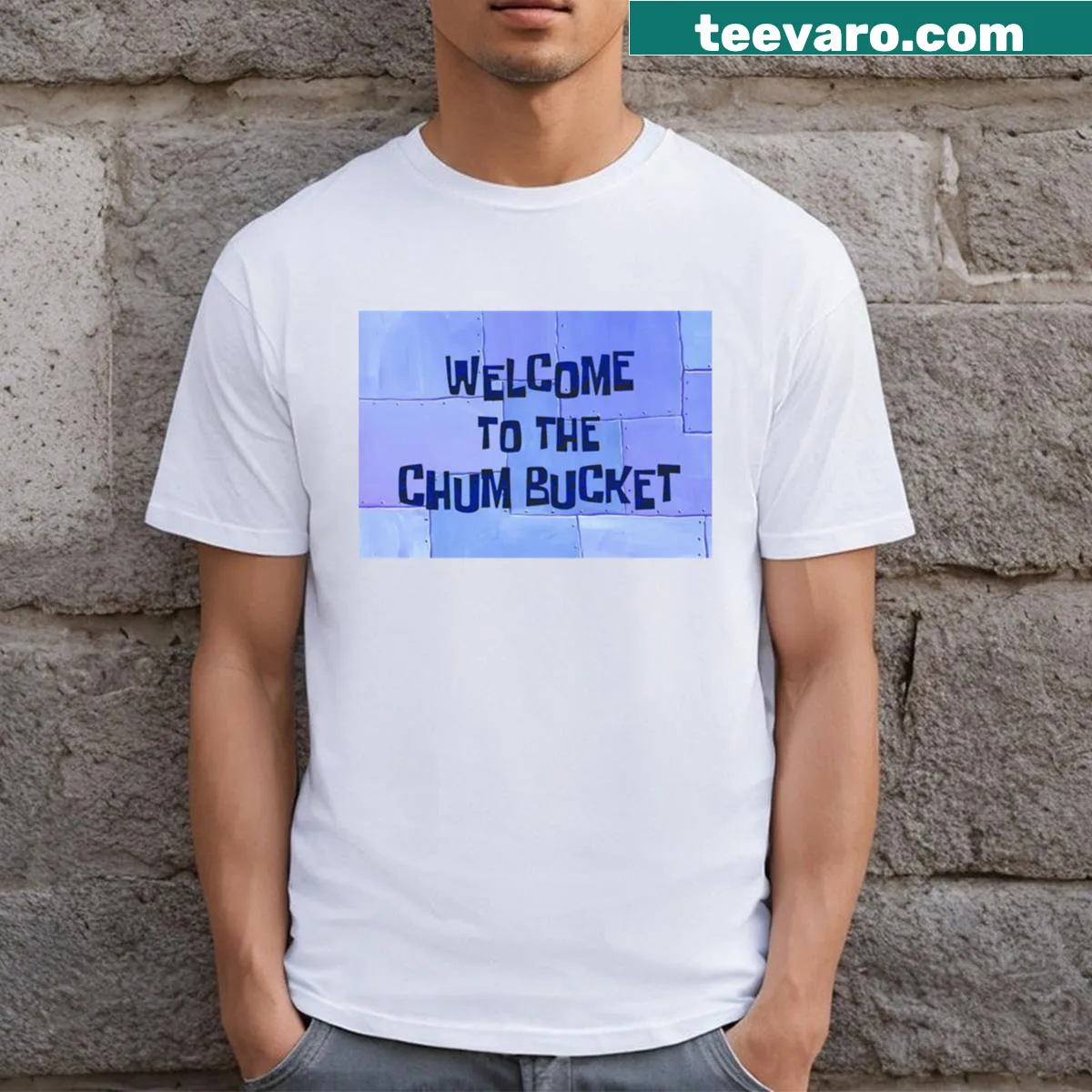 Animated restaurant-themed T-shirt with Chum Bucket design — on a men's t-shirt