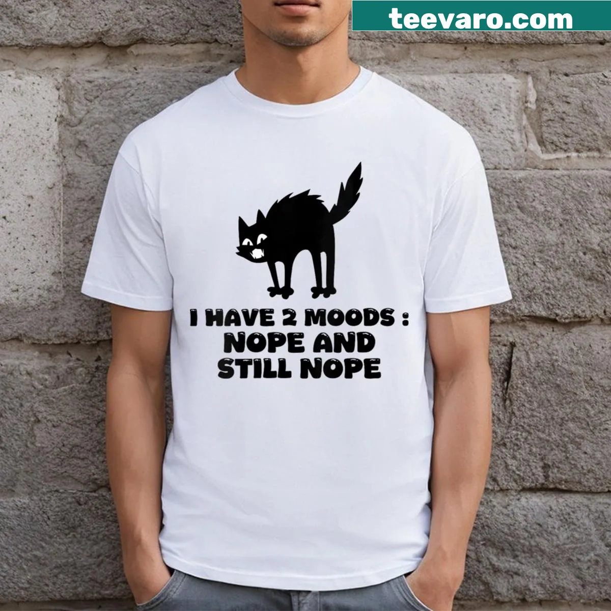 Humorous women's V-neck shirt with the phrase 'I Have 2 Moods: Nope and Still Nope' — on a men's t-shirt