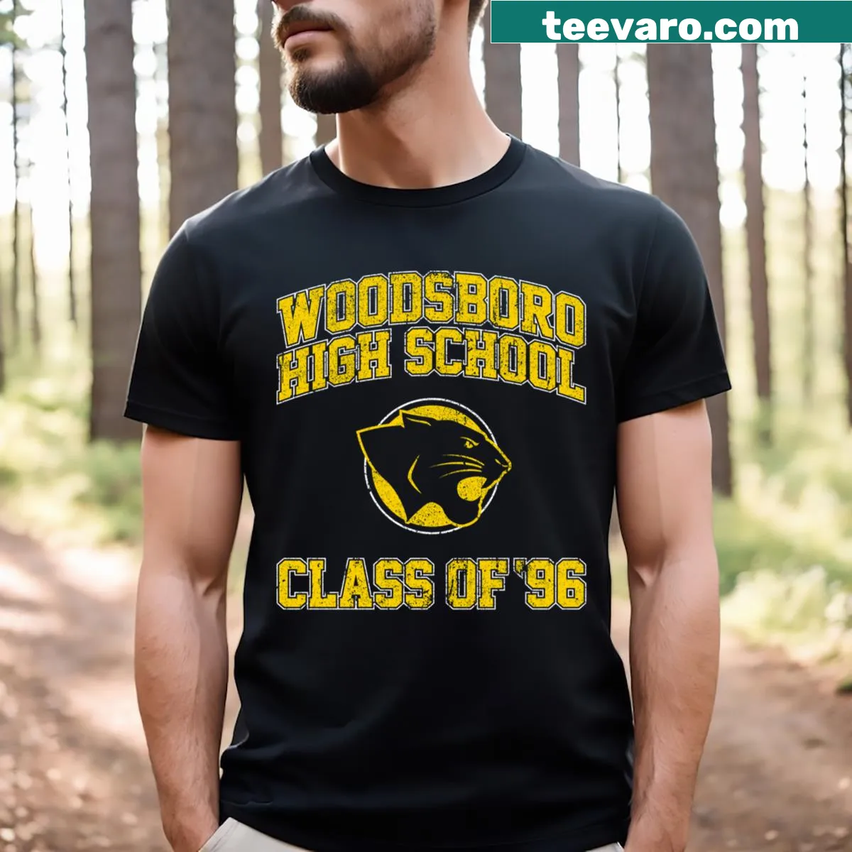 Essential T-shirt with Woodsboro High School Class Of 96 graphic — on a men's t-shirt