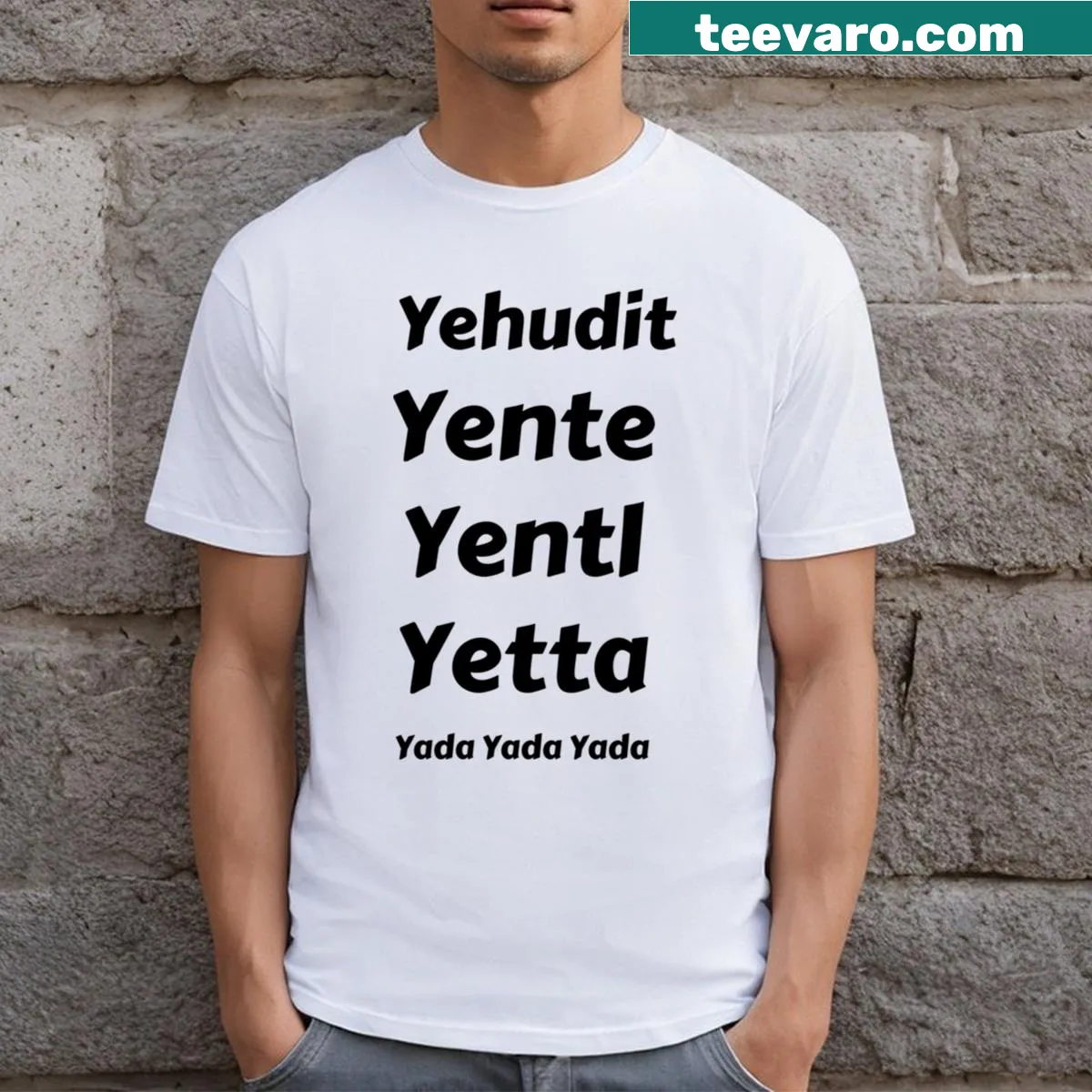 Humorous T-shirt with names referencing classic storytelling characters — on a men's t-shirt