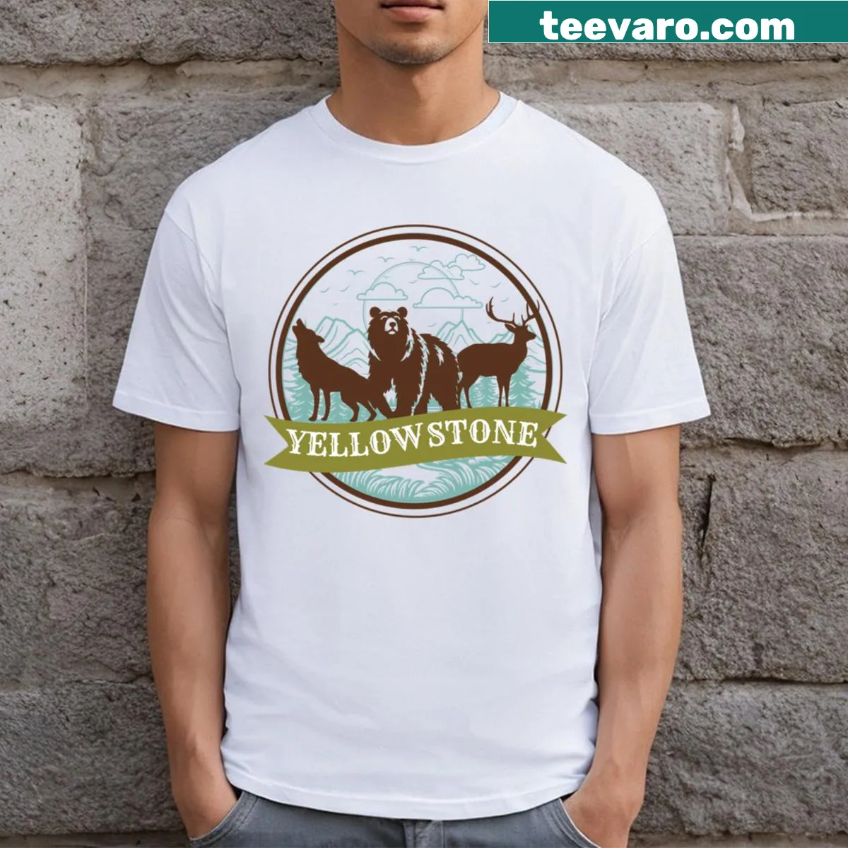 Doodle-style T-shirt featuring illustrations of Yellowstone National Park — on a men's t-shirt