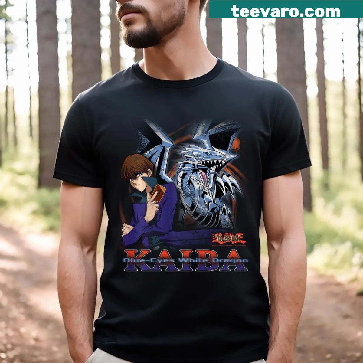 Anime T-shirt featuring Blue Eyes White Dragon and Kaiba design — on a men's t-shirt