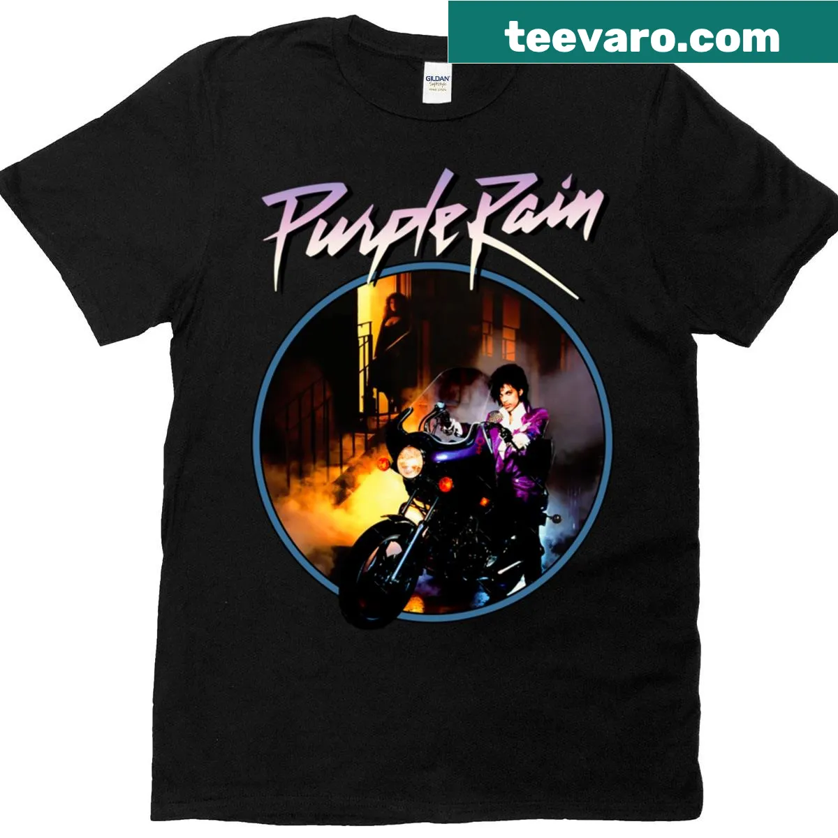 Illustration of a man on a motorcycle riding in the rain — on a men's t-shirt